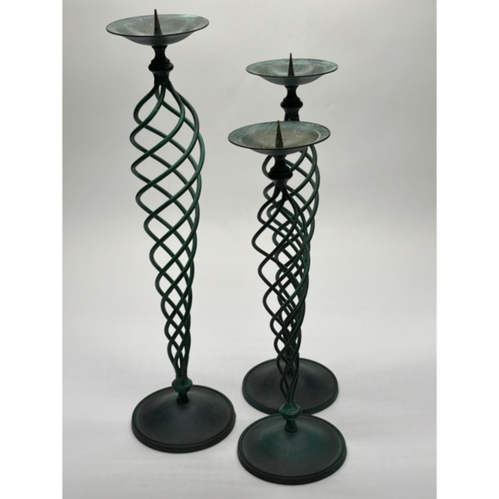 Set of 3 Tall Twisted Metal Candlesticks Green Bronze Finish‎ Vintage Style